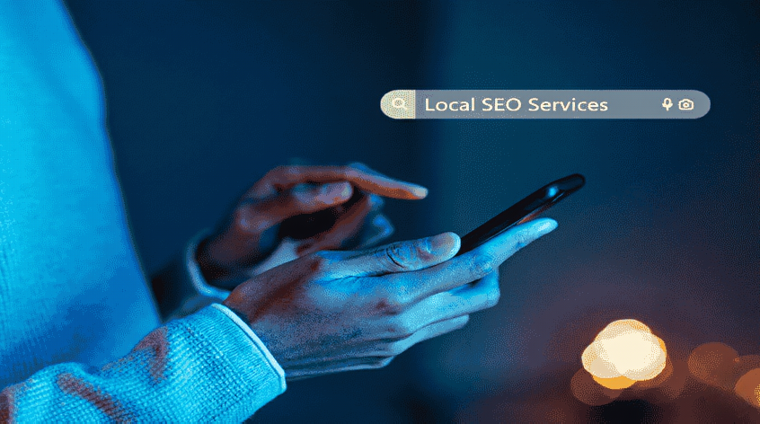 A Search Bar With "Local SEO Services" Hovers Above, Creating A Focused, Digital Tone.